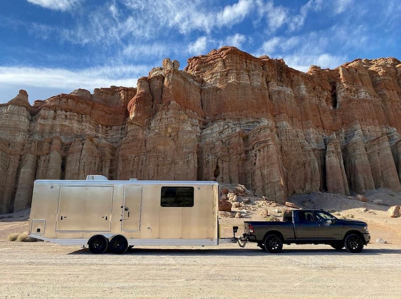 off road travel trailer hauled in front of a canyon