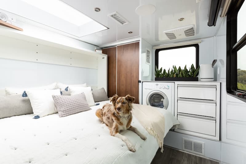luxury trailer bedroom with dog