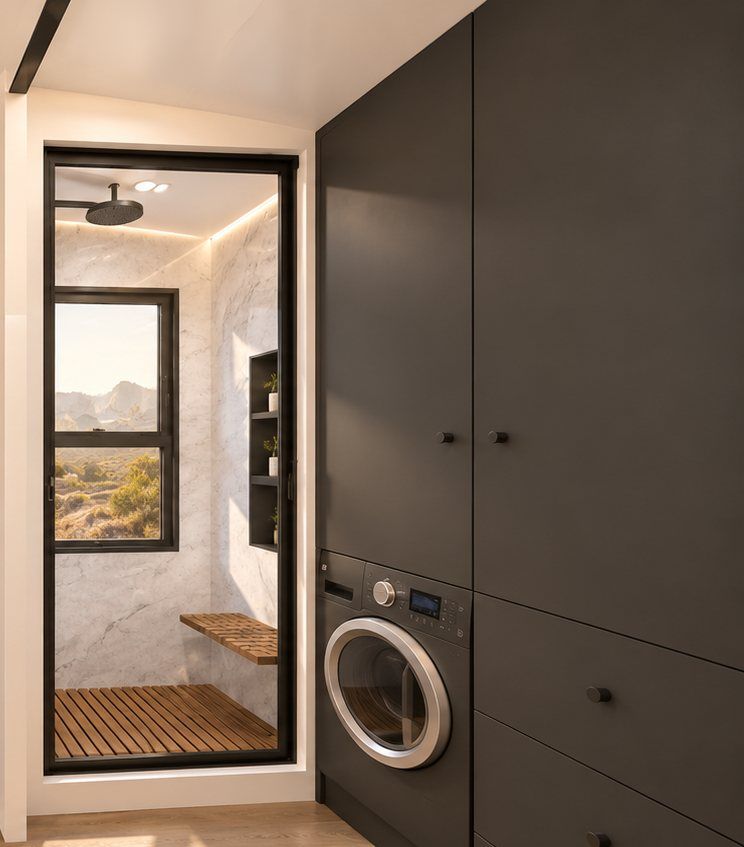 The LV Line laundry and storage wall beside the wet room