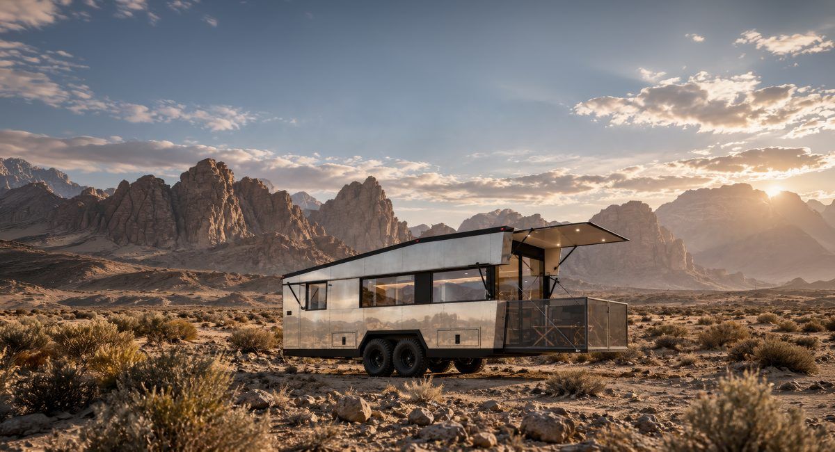 An LV Line travel trailer in the desert with its rear deck open