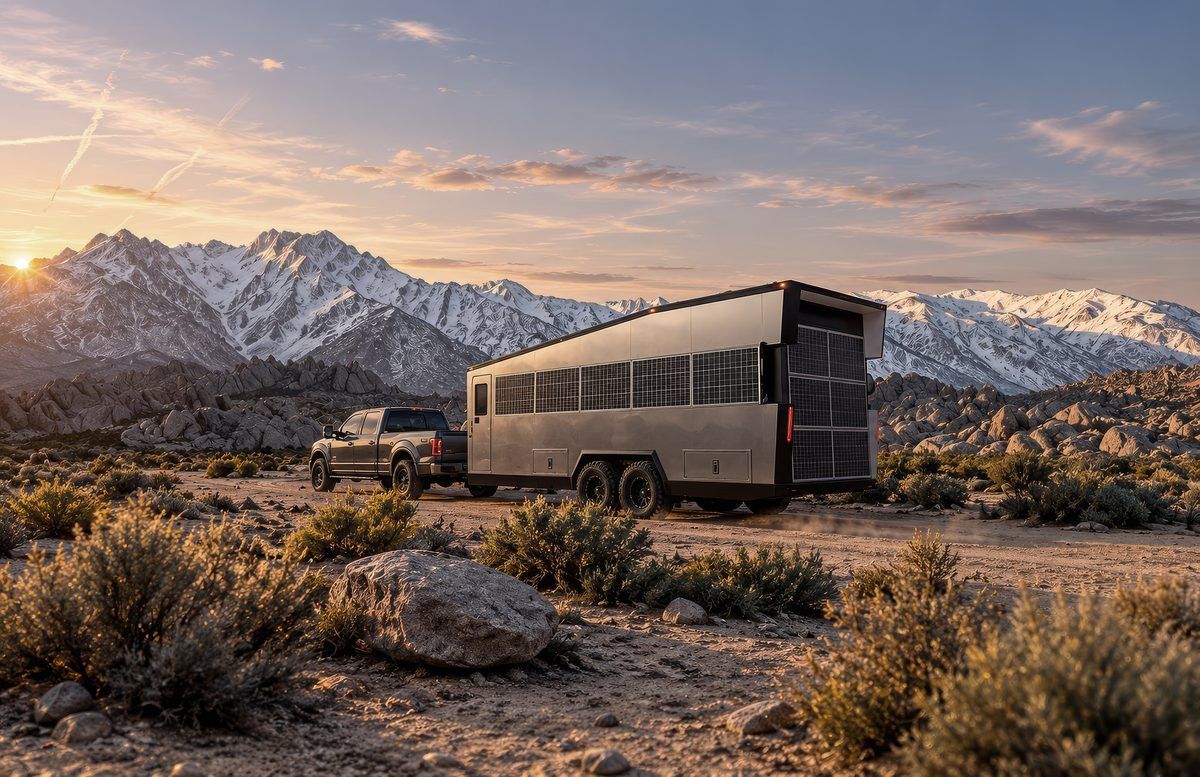 An LV Line travel trailer and its truck at sunset below snow-capped mountains