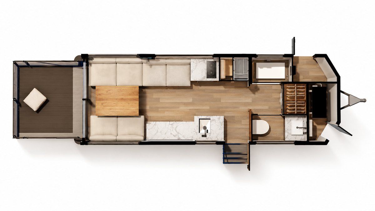 Floor plan of the LV Line: one main room, with the bath and kitchen fixed around it