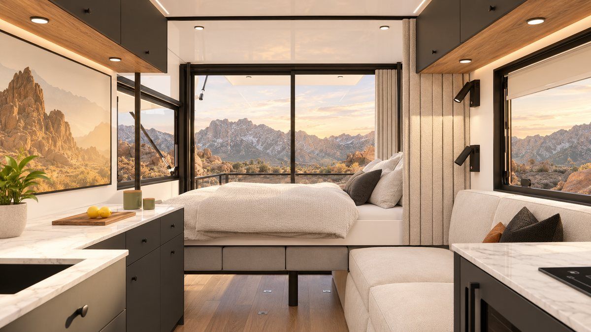 The LV Line main room set up as a bedroom