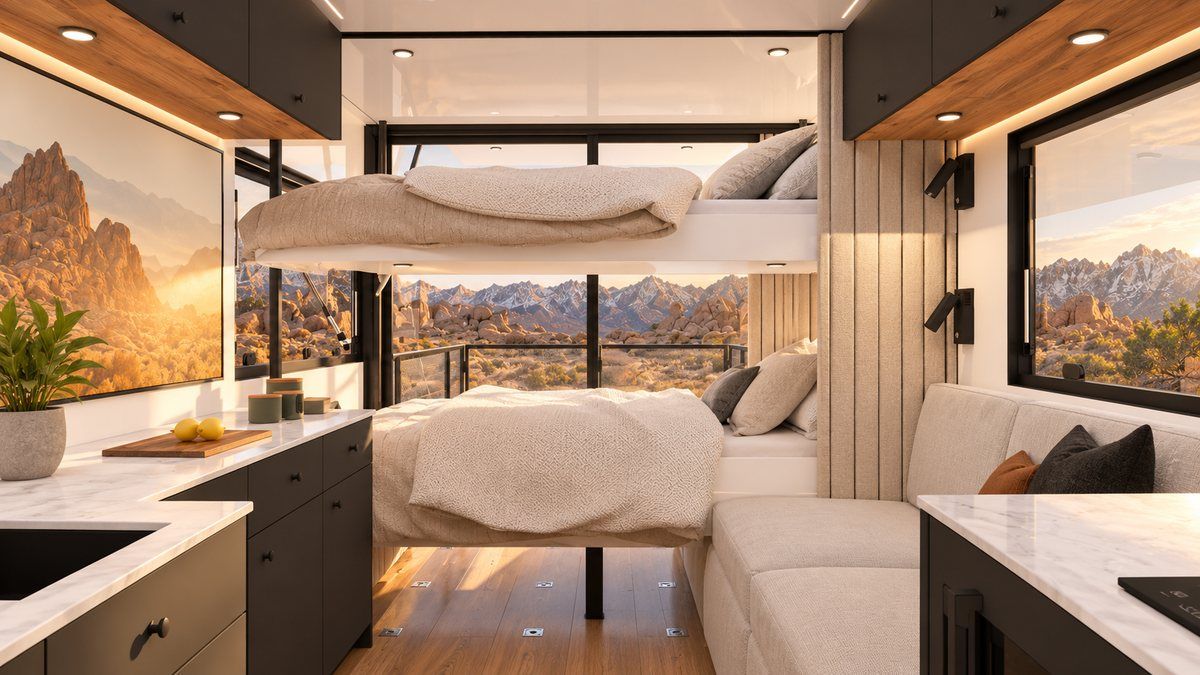 The LV Line main room with a second bed lowered for guests