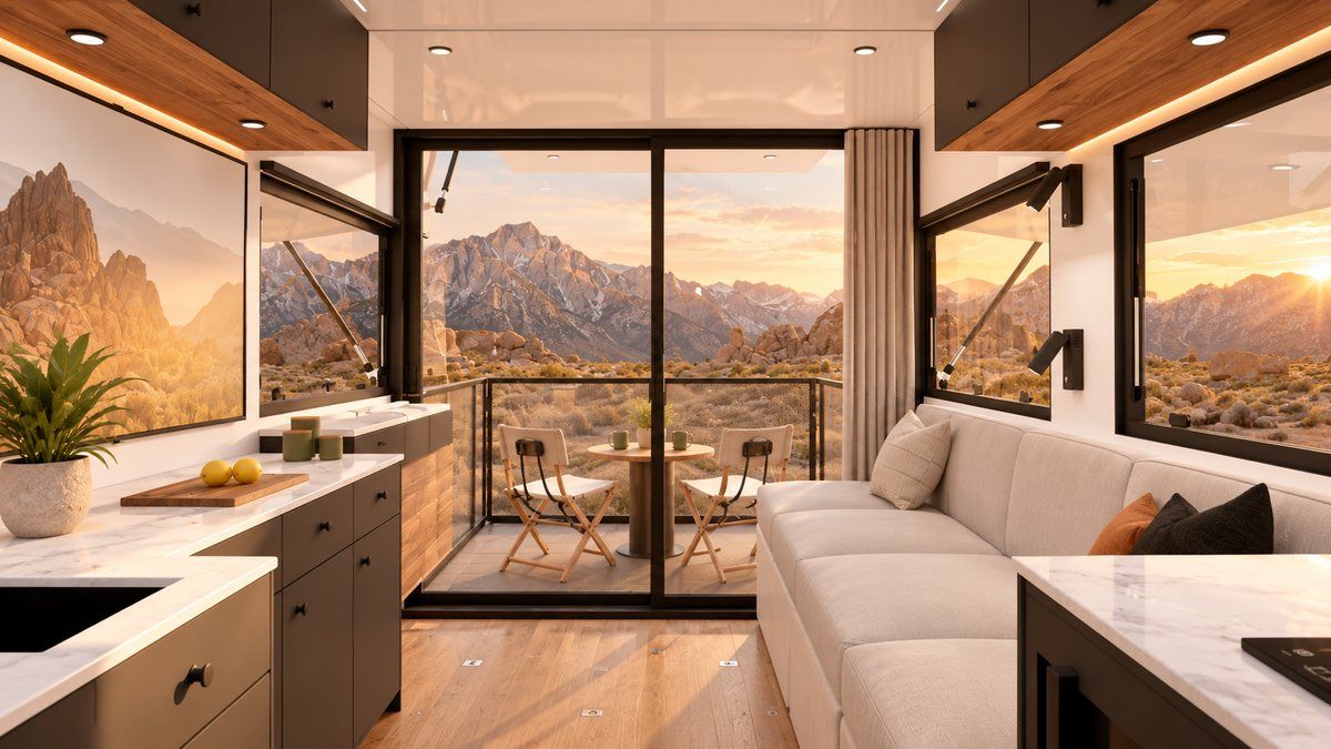 Inside the LV Line: the main room open onto a deck and the mountains