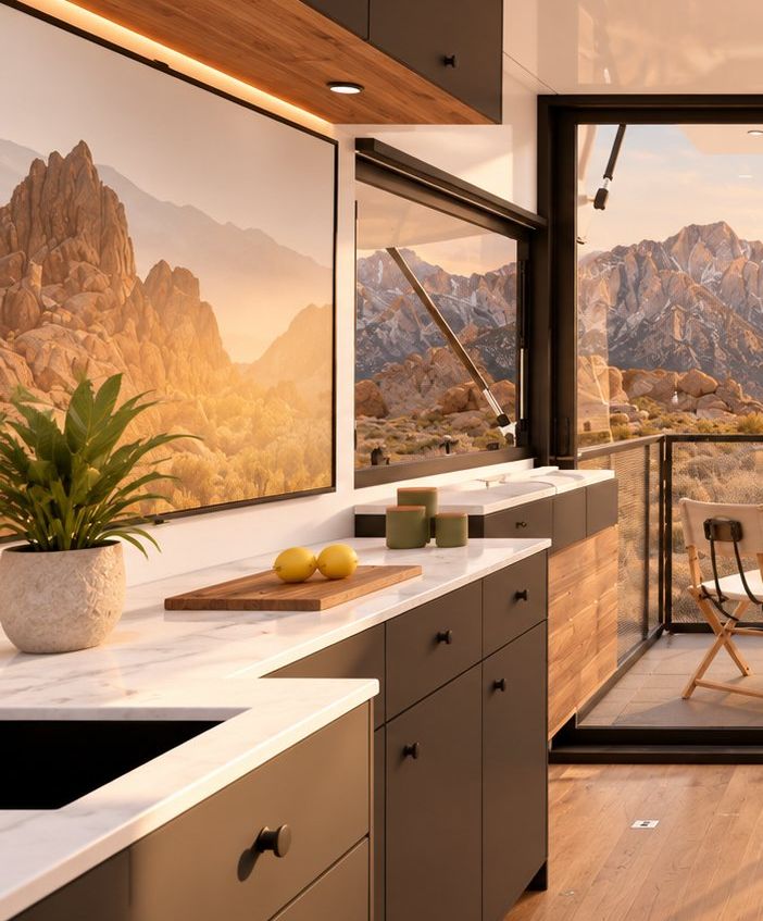 LV Line kitchen cabinetry and solid-surface counters beside the glass rear slider