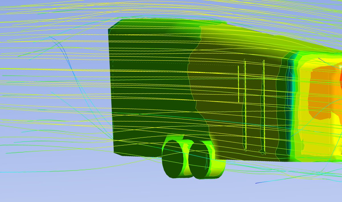 Computer airflow simulation: streamlines flowing along the side and roof of the LV Line