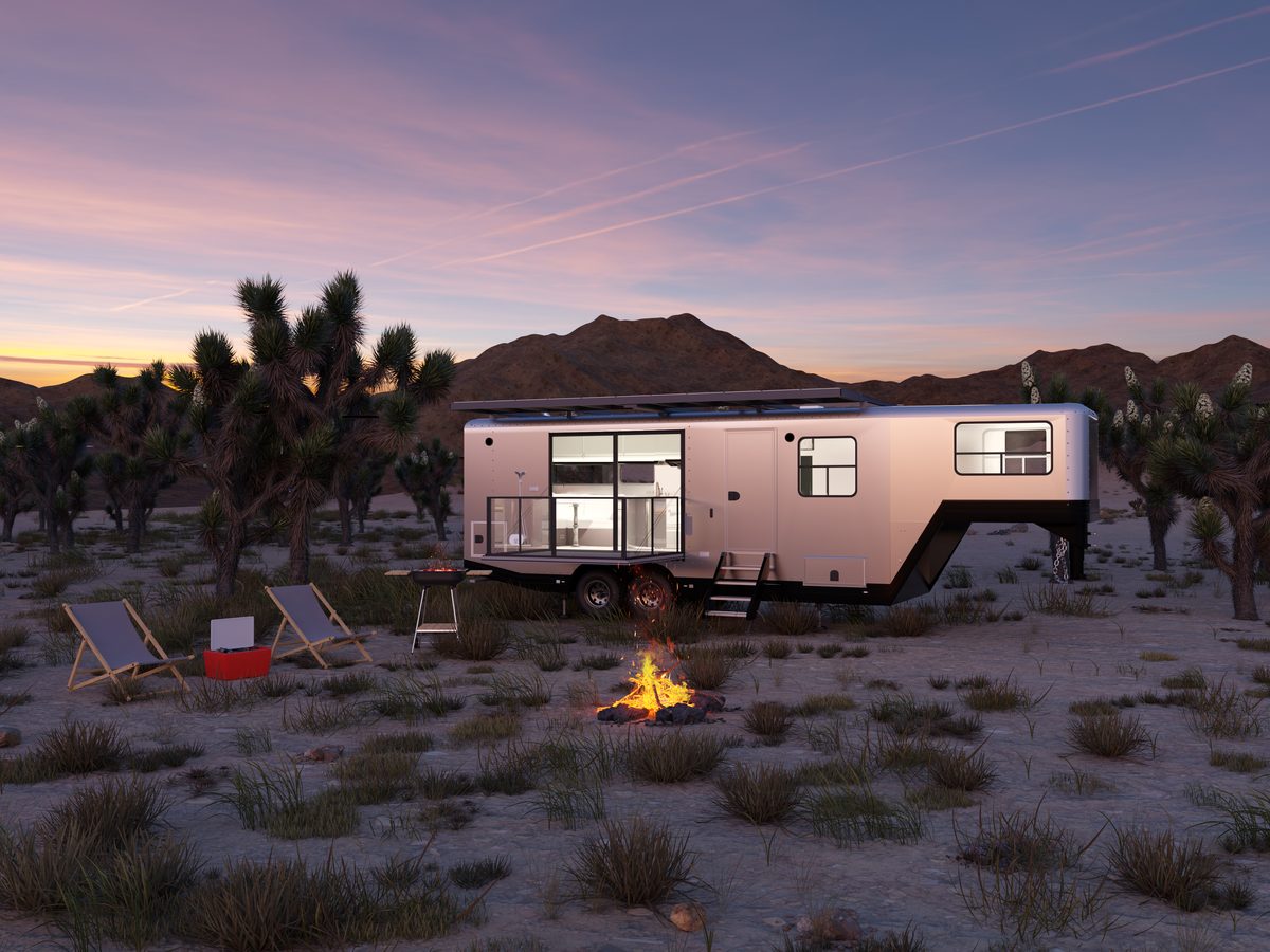 Rendering of a GT32 gooseneck trailer at a desert camp