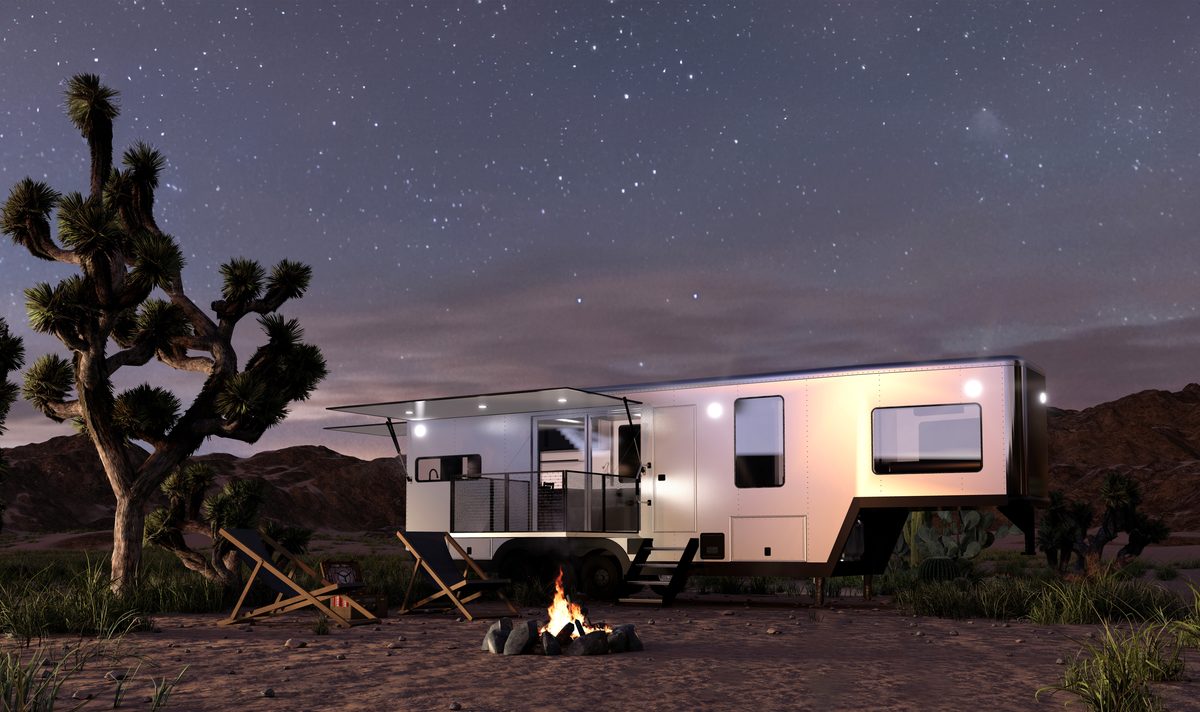 Rendering of a GT39 gooseneck trailer at camp under the stars