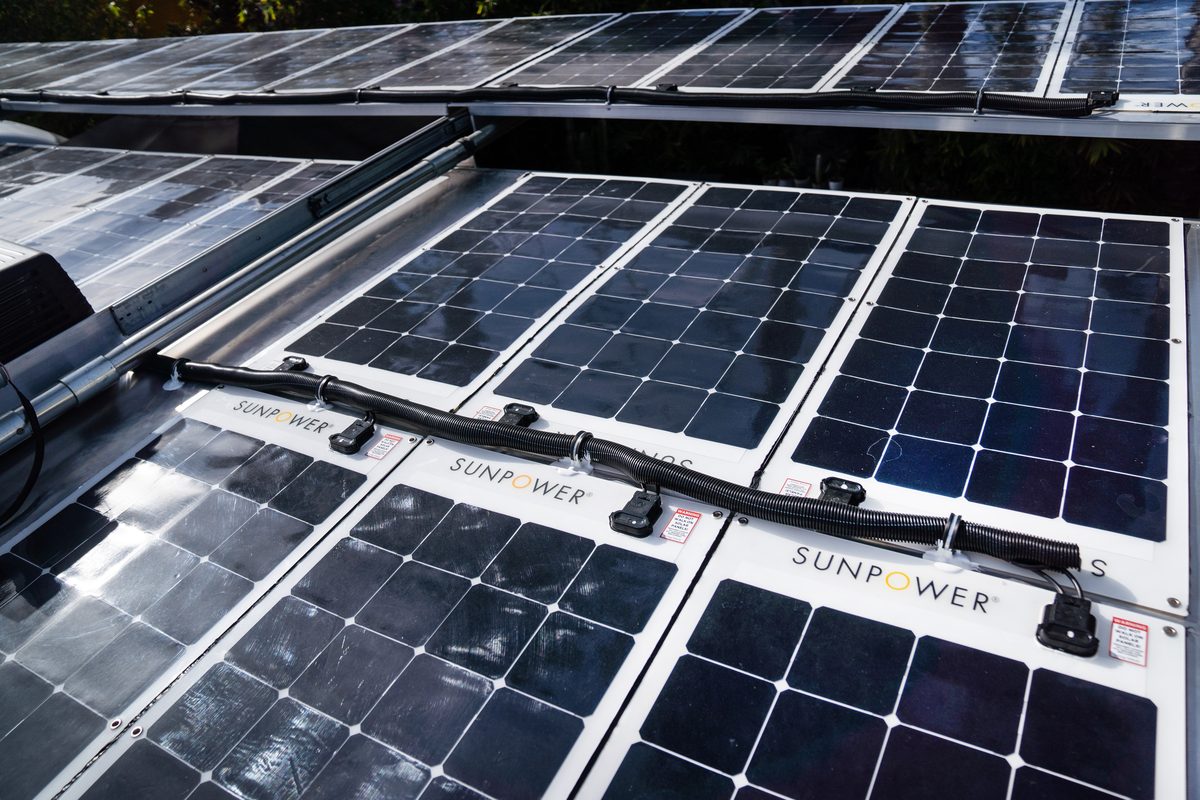 Solar panels across the roof of a Living Vehicle